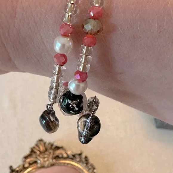 Handmade Skull & Roses Whimsical Necklace, Bracelet & Earrings Set Coral Peach - Picture 9 of 17